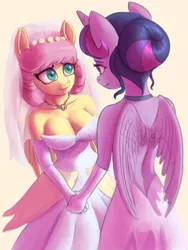 Size: 1080x1440 | Tagged: anthro, artist:onomec, breasts, busty fluttershy, clothes, derpibooru import, dress, female, fluttershy, holding hands, lesbian, looking at each other, marriage, safe, shipping, twilight sparkle, twilight sparkle (alicorn), twishy, wedding, wedding dress