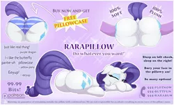 Size: 1484x900 | Tagged: suggestive, artist:augustbebel, derpibooru import, rarity, pony, unicorn, advertisement, ass, butt pillow, clothes, commercial, dock, female, implied vore, looking at you, mare, one eye closed, panties, patreon, patreon logo, pillow, pillow pet, plot, plushie, rarara, rearity, solo, striped underwear, underwear, wink