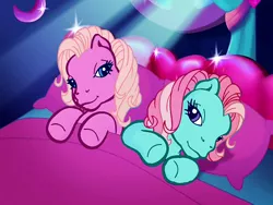 Size: 640x480 | Tagged: a very pony place, bed, bedroom eyes, colored, color edit, derpibooru import, edit, edited screencap, editor:ah96, g3, minty, pinkie pie, pinkie pie (g3), recolor, safe, screencap, two for the sky