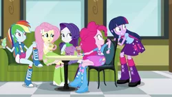 Size: 1280x720 | Tagged: safe, derpibooru import, edit, edited screencap, screencap, fluttershy, pinkie pie, rainbow dash, rarity, spike, twilight sparkle, dog, equestria girls, balloon, boots, bracelet, clothes, drink, high heel boots, jewelry, milkshake, skirt, spike the dog