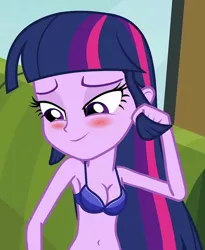 Size: 590x720 | Tagged: suggestive, derpibooru import, edit, edited screencap, editor:ah96, screencap, twilight sparkle, equestria girls, equestria girls (movie), belly button, blushing, bra, breast edit, breasts, busty twilight sparkle, cleavage, clothes, female, sexy, solo, underwear, underwear edit