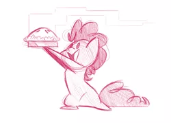 Size: 2100x1500 | Tagged: apple, apple pie, artist:fluttershythekind, derpibooru import, food, monochrome, open mouth, pie, pinkie pie, pointy ponies, safe, simple background, sketch, smiling, solo, steam, white background