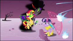Size: 5320x3000 | Tagged: semi-grimdark, artist:ruinedomega, derpibooru import, king sombra, sunset shimmer, twilight sparkle, pony, umbrum, unicorn, alternate hairstyle, alternate universe, armor, corrupted, counterparts, crystal, dark magic, force field, inkscape, magic, ponyscape, possessed, sombra eyes, standing, twilight's counterparts, vector, wings