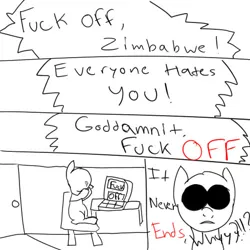 Size: 512x512 | Tagged: artist:shit-tier, baww, comic, derpibooru import, drawthread, /mlp/, monochrome, oc, oc:zimbabwe, safe, unofficial characters only, verbal abuse, vulgar