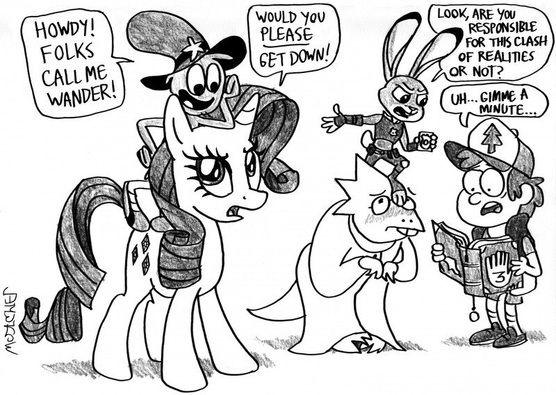 Size: 1280x909 | Tagged: alphys, artist:kturtle, crossover, derpibooru import, dipper pines, gravity falls, judy hopps, mass crossover, monochrome, rarity, safe, undertale, wander over yonder, wander (wander over yonder), zootopia