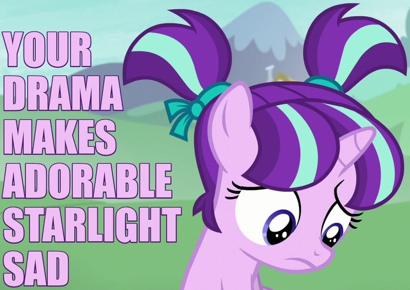 Size: 850x600 | Tagged: alternate hairstyle, caption, cute, derpibooru import, drama, edit, edited screencap, filly, image macro, meme, pigtails, reaction image, ribbon, sad, safe, screencap, solo, starlight glimmer, the crystalling, younger