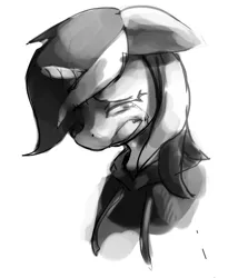Size: 623x759 | Tagged: artist:mewball, clothes, crying, derpibooru import, eyes closed, fanfic:background pony, grayscale, gritted teeth, hoodie, lyra heartstrings, monochrome, sad, safe, solo