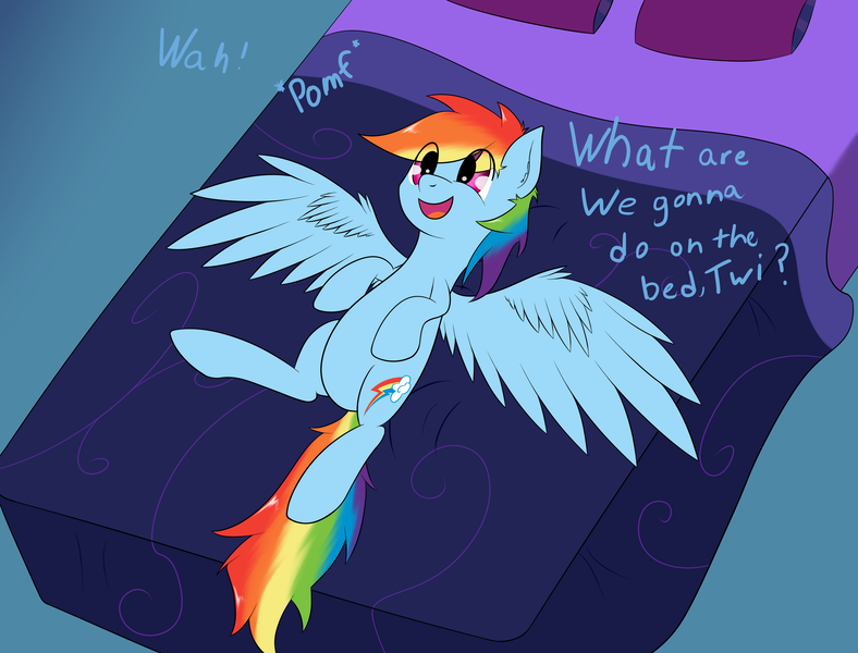 Size: 3446x2625 | Tagged: safe, artist:zogzor, derpibooru import, rainbow dash, pegasus, pony, bed, cute, female, implied lesbian, implied twidash, implied twilight sparkle, lesbian, mare, offscreen character, pomf, shipping, solo, twidash, wah, what are we gonna do on the bed?