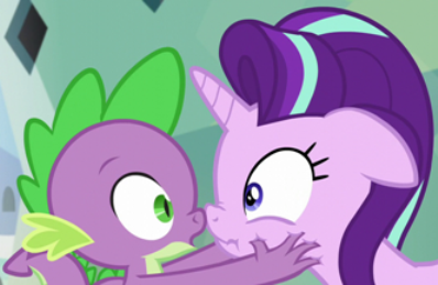 Size: 398x259 | Tagged: safe, derpibooru import, screencap, spike, starlight glimmer, the crystalling, boop, muzzle, noseboop, scared, shipping fuel, shocked