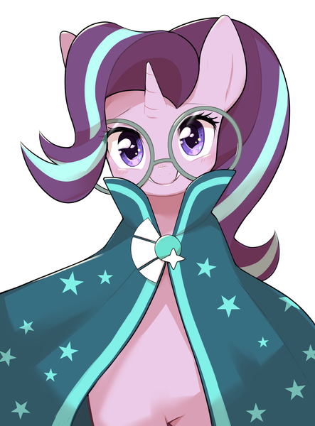 Size: 1475x2000 | Tagged: safe, artist:30clock, derpibooru import, starlight glimmer, sunburst, pony, unicorn, cape, cloak, clothes, cosplay, costume, cute, female, glasses, glimmerbetes, looking at you, mare, simple background, smiling, solo, white background