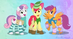 Size: 913x491 | Tagged: safe, artist:brianblackberry, derpibooru import, apple bloom, scootaloo, sweetie belle, earth pony, pegasus, pony, unicorn, winter wrap up, animal team, backwards cutie mark, boots, bottomless, clothes, cutie mark, cutie mark crusaders, female, filly, leg warmers, looking at you, older, partial nudity, plant team, raised hoof, scarf, smiling, socks, spread wings, striped socks, the cmc's cutie marks, trio, vest, weather team, wings, winter wrap up vest