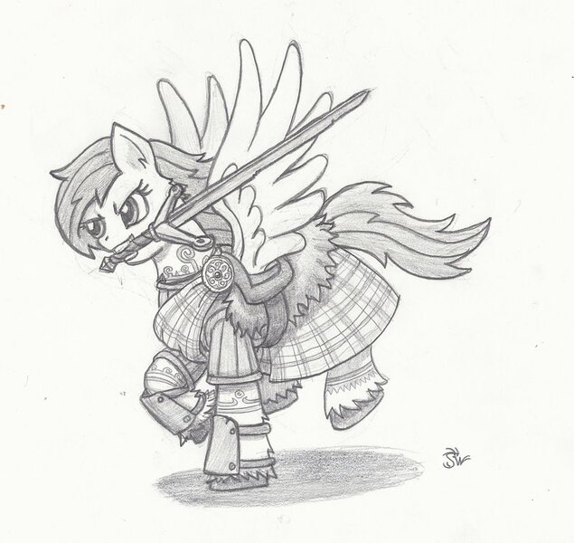 Size: 800x756 | Tagged: safe, artist:sensko, derpibooru import, oc, unofficial characters only, pegasus, pony, black and white, claymore, grayscale, kilt, monochrome, mouth hold, pencil drawing, scottish, simple background, solo, spread wings, traditional art, unshorn fetlocks, weapon, white background