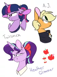 Size: 1024x1382 | Tagged: safe, artist:korgikardigan, derpibooru import, applejack, starlight glimmer, twilight sparkle, twilight sparkle (alicorn), alicorn, pony, bow, clothes, female, floppy ears, hair bow, heather chandler, heathers, heathers the musical, j.d., jason dean, jason j.d. dean, lesbian, mare, shipping, shirt, twijack, veronica sawyer