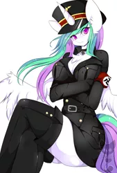 Size: 3385x5000 | Tagged: anthro, artist:teranen, backwards swastika, breasts, chest fluff, cleavage, clothes, colored pupils, crossed arms, crossover, derpibooru import, female, looking at you, nazi, nazi armband, princess celestia, socks, solo, solo female, suggestive, swastika, thigh highs, uniform