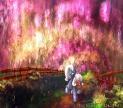 Size: 2347x2070 | Tagged: safe, artist:liracrown, derpibooru import, trixie, pony, unicorn, archway, bush, digital painting, dirt road, female, fence, garden, happy, lineless, mare, path, psychedelic, saddle bag, spring, tunnel, wisteria, wooden fence