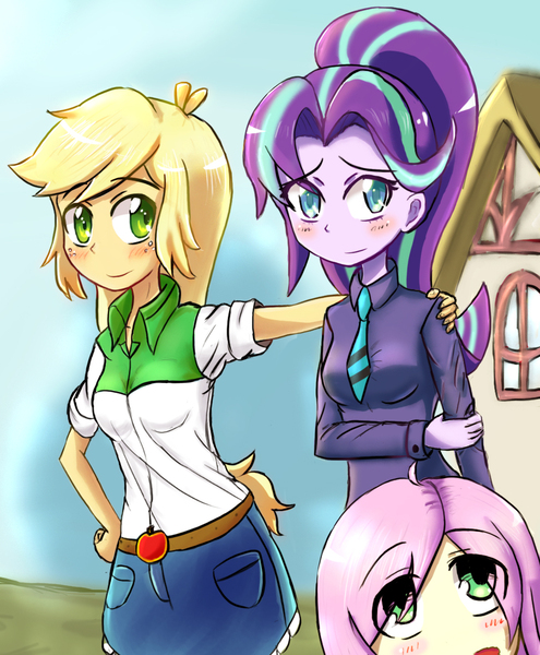 Size: 976x1183 | Tagged: safe, artist:jumboz95, derpibooru import, applejack, fluttershy, starlight glimmer, equestria girls, spoiler:s06, belt, blushing, clothes, cute, denim skirt, equestria girls interpretation, equestria girls-ified, glimmerjack, intro, ponytail, ponyville, scene interpretation, skirt