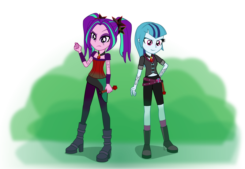 Size: 2900x2000 | Tagged: safe, artist:amante56, derpibooru import, aria blaze, sonata dusk, equestria girls, 20th century fox, amulet, belly button, clothes, crossover, dark side, disney, duel of the fates, duo, high heel boots, lightsaber, lucasfilm, necklace, nightsisters, scar, sith, star wars, tattoo, weapon