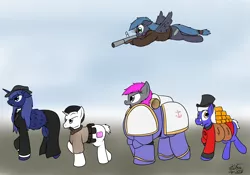 Size: 3064x2141 | Tagged: safe, artist:the-furry-railfan, derpibooru import, oc, oc:aerith, oc:crash dive, oc:night strike, oc:scouring charge, oc:static charge, unofficial characters only, alicorn, earth pony, pegasus, pony, unicorn, fallout equestria, fallout equestria: empty quiver, alternate cutie mark, april fools joke, gold, gold ingot, grenade launcher, heresy, m79, modern warfare, moneybags, power armor, powered exoskeleton, reboot, scrooge mcduck, warhammer (game), warhammer 40k