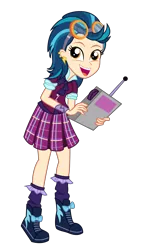Size: 3000x5290 | Tagged: safe, artist:remcmaximus, derpibooru import, indigo zap, equestria girls, friendship games, absurd resolution, clothes, crystal prep academy, crystal prep academy uniform, crystal prep shadowbolts, derp, ear piercing, fiddling, goggles, open mouth, piercing, pleated skirt, school uniform, shoes, simple background, skirt, sneakers, socks, solo, transparent background, vector