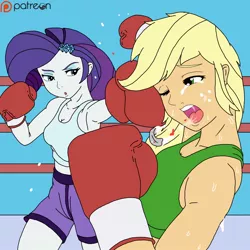 Size: 1250x1250 | Tagged: safe, artist:linedraweer, derpibooru import, applejack, rarity, fighting is magic, equestria girls, abuse, armpits, boxing, boxing gloves, boxing ring, fight, mouth guard, patreon, patreon logo, punch, request, ropes