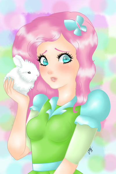 Size: 675x1012 | Tagged: artist:nevera573, derpibooru import, fluttershy, human, humanized, rabbit, safe, solo