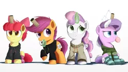 Size: 4000x2250 | Tagged: safe, artist:ncmares, derpibooru import, apple bloom, diamond tiara, scootaloo, sweetie belle, earth pony, pegasus, pony, unicorn, adorabloom, bread, bubblegum, clothes, cute, cutealoo, cutie mark crusaders, diamondbetes, diasweetes, donut, fake cutie mark, fake horn, female, filly, food, hoodie, magic, my eyes are up here, ncmares is trying to murder us, quartet, simple background, socks, striped socks, telekinesis, toilet paper roll, white background