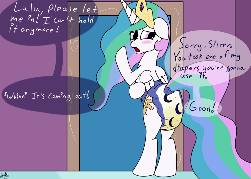 Size: 1400x1000 | Tagged: questionable, artist:spritepony, derpibooru import, princess celestia, princess luna, accident, bathroom denial, begging, desperation, diaper, diaper fetish, implied princess luna, need to pee, omorashi, peeing in diaper, pissing, potty time, story included, urine, wet diaper, wetting