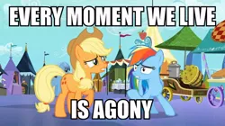 Size: 748x420 | Tagged: agony, applejack, derpibooru import, image macro, meme, rainbow dash, safe, screencap, the crystal empire