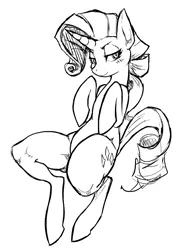 Size: 1092x1438 | Tagged: artist:guoh, artist:guoh-art, blushing, covering, derpibooru import, female, floppy ears, glutes, hips, looking at you, monochrome, muscles, on back, rarithighs, rarity, semi-anthro, sketch, smiling, solo, solo female, suggestive, thick, thighs, thunder thighs