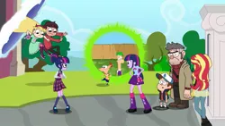 Size: 1191x670 | Tagged: safe, artist:birdalliance, derpibooru import, sci-twi, sunset shimmer, twilight sparkle, equestria girls, counterparts, crossover, crossover nexus, dimensional shenanigans, dipper pines, ferb fletcher, ford pines, four television shows in the same picture, gravity falls, imminent clusterfuck, marco diaz, mass crossover, multiverse, oligodactyly, phineas and ferb, phineas flynn, polydactyly, portal, star butterfly, star vs the forces of evil, sunset's counterparts, twilight's counterparts, twolight