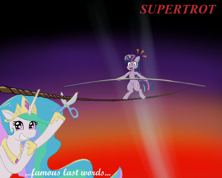 Size: 800x640 | Tagged: album cover, album parody, artist:willygalleta, derpibooru import, princess celestia, scissors, semi-grimdark, supertramp, this will end in tears and/or death, tightrope, trollestia, twilight sparkle