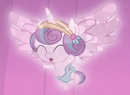 Size: 430x313 | Tagged: safe, derpibooru import, screencap, princess flurry heart, alicorn, crystal pony, pony, the crystalling, cloth diaper, cooing, cropped, crystallized, cute, diaper, eyes closed, female, filly, flurrybetes, flying, hairclip, happy, open mouth, safety pin, solo