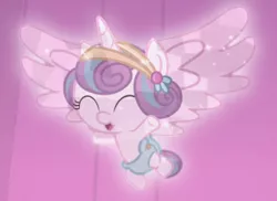 Size: 430x313 | Tagged: safe, derpibooru import, screencap, princess flurry heart, alicorn, crystal pony, pony, the crystalling, cloth diaper, cooing, cropped, crystallized, cute, diaper, eyes closed, female, filly, flurrybetes, flying, hairclip, happy, open mouth, safety pin, solo