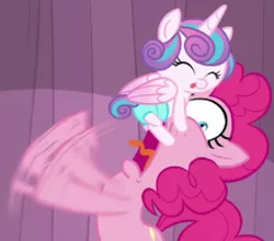 Size: 328x288 | Tagged: safe, derpibooru import, screencap, pinkie pie, princess flurry heart, the crystalling, frightened, happy, princess facehugger, scared, screaming, shocked, tongue out, yelling