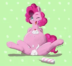 Size: 1175x1080 | Tagged: suggestive, artist:symplefable, derpibooru import, pinkie pie, pony, belly, female, food, foodplay, preggy pie, pregnant, solo, solo female, strategically covered, whipped cream