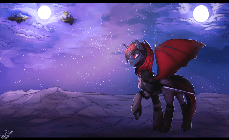 Size: 1024x626 | Tagged: safe, artist:orfartina, derpibooru import, oc, unofficial characters only, alicorn, bat pony, pony, unicorn, alicorn oc, bat wings, moon, night, solo, sword, weapon
