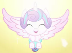 Size: 350x258 | Tagged: safe, derpibooru import, screencap, princess flurry heart, pony, the crystalling, baby, baby pony, cooing, cute, dawwww, diaper, eyes closed, female, filly, flurrybetes, foal, happy, large wings, lens flare, open mouth, smiling