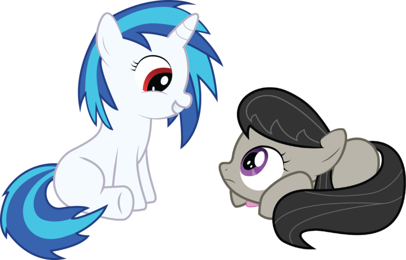 Size: 1287x825 | Tagged: safe, artist:swivel-zimber, derpibooru import, octavia melody, vinyl scratch, earth pony, pony, unicorn, blank flank, female, filly, hooves, horn, lying down, red eyes, simple background, sitting, smiling, teeth, transparent background, vector, wrong eye color, younger