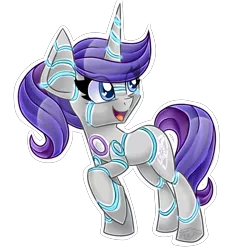 Size: 4000x4000 | Tagged: safe, artist:partylikeanartist, derpibooru import, oc, oc:raribot, unofficial characters only, pony, robot, robot pony, unicorn, alternate hairstyle, cutie mark, female, glow, hooves, horn, mare, open mouth, ponytail, raised hoof, raribot, simple background, solo, transparent background