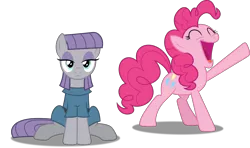 Size: 6000x3556 | Tagged: absurd resolution, artist:dashiesparkle, artist:hawk9mm, clothes, derpibooru import, duo, eyes closed, maud pie, open mouth, pinkie pie, ponyscape, raised hoof, safe, siblings, simple background, sisters, sitting, .svg available, that was fast, the gift of the maud pie, transparent background, vector