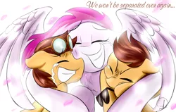 Size: 1024x651 | Tagged: safe, artist:phuocthiencreation, derpibooru import, oc, oc:dovey, oc:hatey, oc:lovey, unofficial characters only, earth pony, pegasus, pony, aviator goggles, crying, eyes closed, grin, hug, smiling, sunglasses, tears of joy