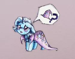 Size: 1016x808 | Tagged: safe, artist:buttersprinkle, derpibooru import, trixie, pony, unicorn, blushing, cloak, clothes, cute, diatrixes, female, floppy ears, hatless, mare, missing accessory, open mouth, puppy dog eyes, question mark, sad, solo, speech bubble, traditional art, trixie's cape, trixie's hat, younger