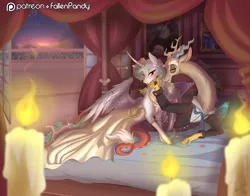 Size: 2000x1571 | Tagged: safe, artist:falleninthedark, artist:stepandy, derpibooru import, discord, princess celestia, alicorn, draconequus, pony, bed, bedroom, bedroom eyes, blushing, candle, clothes, dislestia, dress, female, flower, flower in hair, honeymoon, male, marriage, married, patreon, patreon logo, realistic horse legs, shipping, straight, suit, tuxedo, twilight (astronomy)