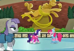 Size: 1000x685 | Tagged: safe, derpibooru import, screencap, maud pie, pinkie pie, rarity, season 6, the gift of the maud pie, alternate hairstyle, ice rink, ice skates, ice skating, spoiler, statue of prometheus