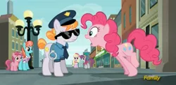 Size: 1573x765 | Tagged: background pony, copper top, derpibooru import, discovery family logo, luckette, pinkie pie, pinot noir, police, police pony, ruby pinch, safe, screencap, shiraz, silver berry, strawberry ice, sunglasses, the gift of the maud pie