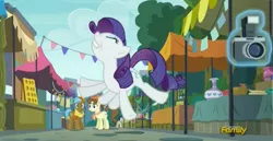 Size: 2481x1281 | Tagged: animation error, behaving like pinkie pie, camera, derpibooru import, discovery family logo, great moments in animation, missing horn, rarity, safe, screencap, the gift of the maud pie