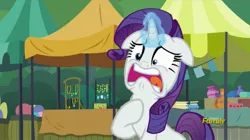 Size: 1577x881 | Tagged: safe, derpibooru import, screencap, rarity, pony, unicorn, the gift of the maud pie, discovery family logo, faic, female, flea market, floppy ears, glowing horn, magic, manehattan, mare, marshmelodrama, rarity being rarity, solo