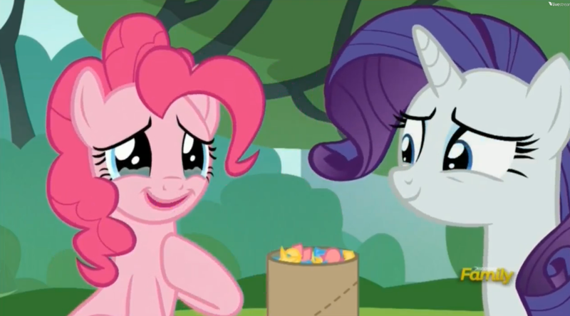 Size: 2497x1385 | Tagged: safe, derpibooru import, screencap, pinkie pie, rarity, the gift of the maud pie, confetti, crying, discovery family logo