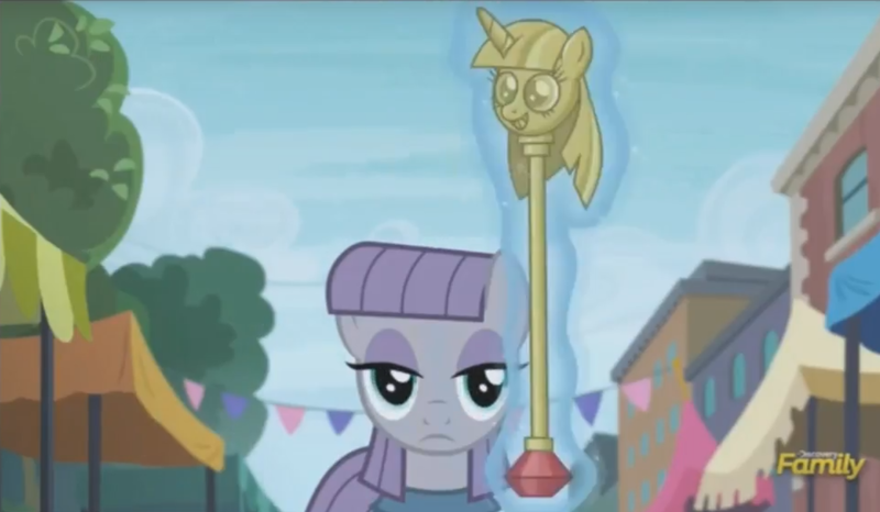 Size: 1268x738 | Tagged: derpibooru import, discovery family logo, maud pie, never forget, offscreen character, safe, scepter, screencap, the gift of the maud pie, twilight scepter