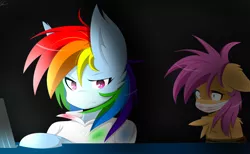 Size: 1579x975 | Tagged: adult, angry, anthro, arm hooves, artist:php69, black background, computer, crying, derpibooru import, evil, evil rainbow dash, fanfic:rainbow factory, female, foal, gag, light, nudity, pegasus, rainbow dash, rainbow factory dash, scared, scootaloo, semi-grimdark, simple background, tape gag, tied up